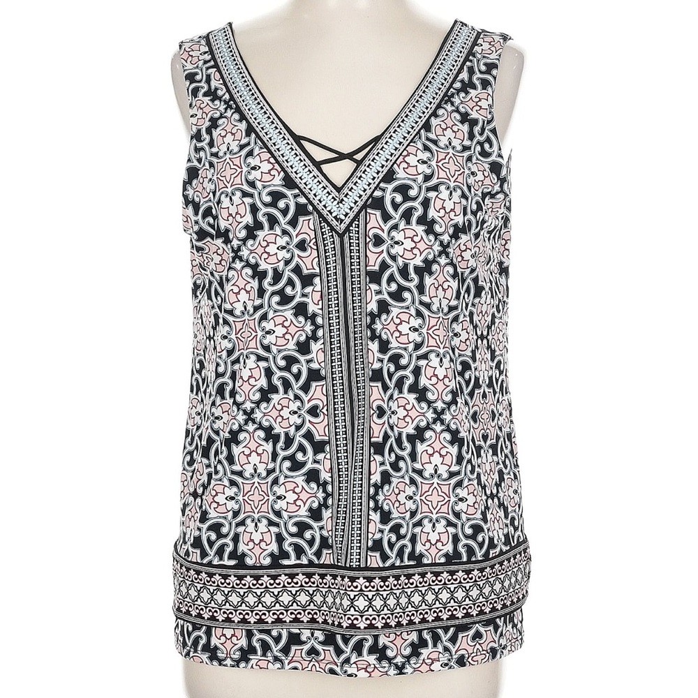 WHBM Sleeveless Double Layer V Neck Black Pink Embroidered Tank Blouse S